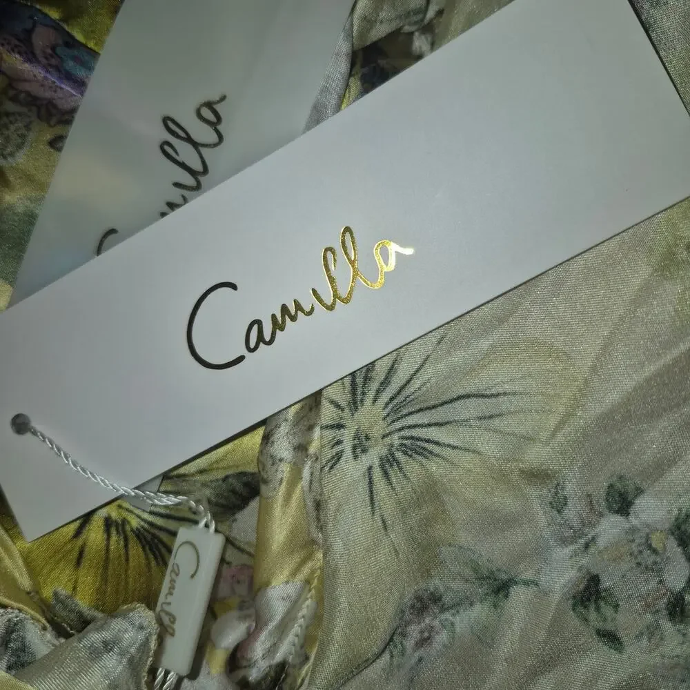 Camilla Embellished floral ruffled silk satin maxi dress NWT